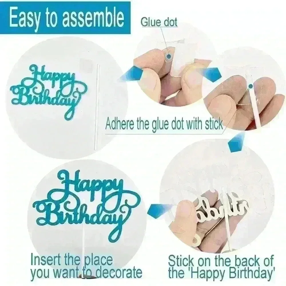 Cake Topper Paper Happy Birthday Cake Decoration Supplies  14PCS Blue Glitter